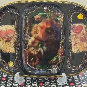 Floral Decorative Tray with Black and Gold Accents